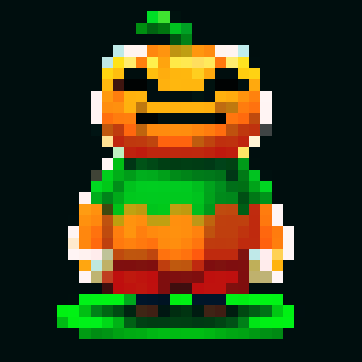  A headless horsemen character. This will be the player character. They have a pumpkin for their head. In some versions it will be without the head and will hold the pumpkin in its hands. But this version the player should have the pumpkin head. Headless horsemen also ride horses but I don't want that for this version.

The head should be clearly visible. The body should be short, with the body being about the same size as the head, maybe smaller, like in Mario games.