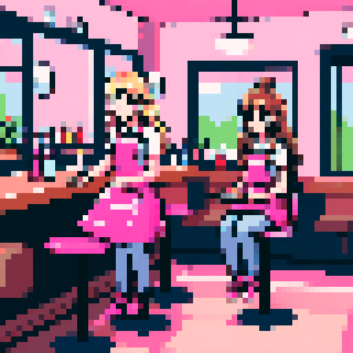Girl A has long blonde wavy hair, wearing a pink apron, sitting in front of Girl B at a table in a nail salon. Girl B has brown hair and is wearing jeans. 