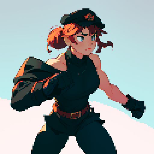 full-body image, muscle girl, female, thick biceps, big shoulders, big fists, muscular physique, thick waist, facing left, ready to fight, exaggerated proportions, black military uniform, black hat, military backdrop, sRGB, pixel art, no background, no backdrop, facing left, fists raised, ready to fight, full-body