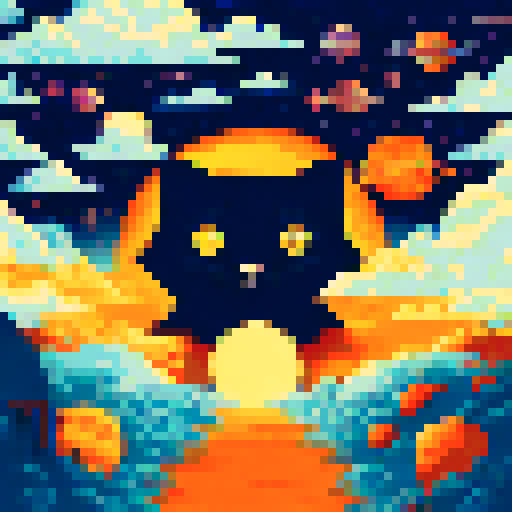 black cat with orange eyes, wandering through galaxies and space, surrounded by planets and comets