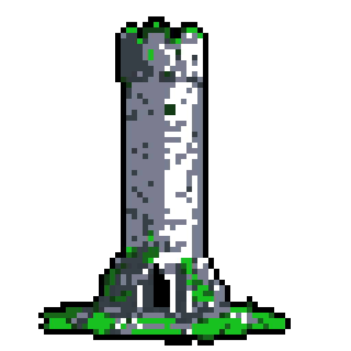 2d grey stone tower in an ancient english style. Old and crumbling but still upright. Green vines crisscross it. Usable as an asset (clear, thick lines and a white background). Put a black stroke around the composition