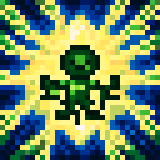 Octopus with curly tentacles, wearing a gold chain and a green hat, riding a majestic whale with a gold chain, against a blue and green pixelated ocean background