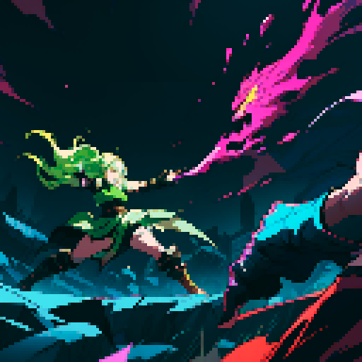 slime, pixelated, heroes, impact, dynamic poses, sRGB, energetic, splattering, motion lines, intense, confrontation, art style, slamming, dramatic lighting, action-packed, contrasting backgrounds