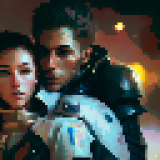 female redhead warrior sad, tall male android comforting her, spaceship background, pixel art, fantasy RPG