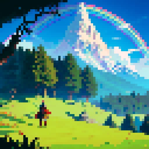 People with swords standing on a mountain. Big rainbow words say Nexus Battle Online.
Make the world a beautiful place, with monsters roaming around, also make many trees of different color.