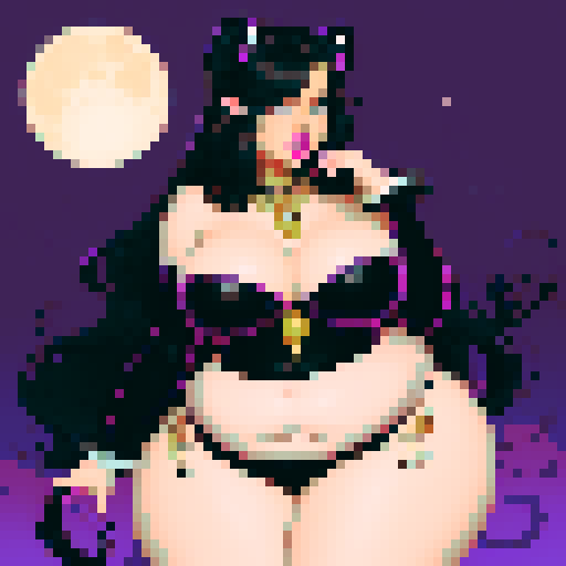 (voluptuous) skillful Azealia was a sight to behold, with her long, feathery, black hair, purple eyeliner highlighting her bewitching gaze, and with a shade of bright crimson painted on her lips. Her body was covered, by a skintight black gown with hanging sleeves that reached down to her thin waist and perfectly, curved bottom. A moon amulet dangled around her neck, dipping into the impressive pair of cleavage that the horny bachelor couldn’t take his eyes off of. (fat belly:0.9). (saggy) (larg