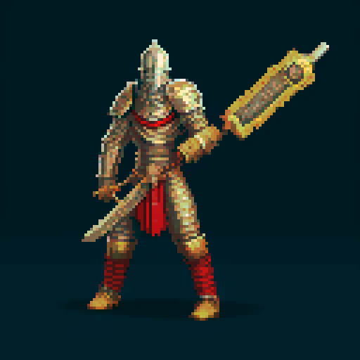 pixel art picture of a human male knight with a two-handed great sword, detailed shading, and smooth lines, heavy armor, confident stance, muscular build, armored helmet, deep red and gold armor, detailed sword, detailed shading, smooth lines, running, swinging sword