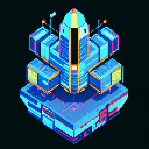 2d Spaceship in empty space, metallic exterior, retro aesthetic, pixelated details,blinking lights, wireframe outlines, geometric shapes, low-resolution textures, pixel art style, sRGB color space
View from above