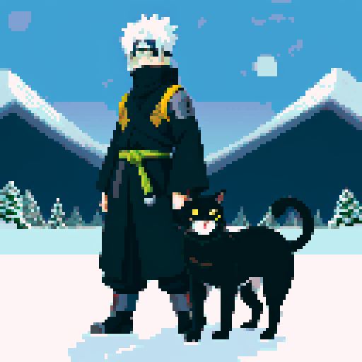 Hatake Kakashi with a black cat with yellow eyes on his shoulders in between towering, snowy mountains