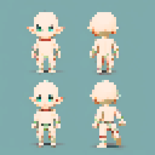 character sheet of a chibi-style elf boy with no hair or clothes, serving as a fully customizable base model. The character has short legs and simple features