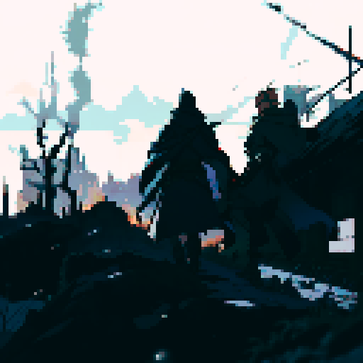 Final fantasy tactics detail soldier walking towards war torn city with a panzer faust on his back and a rifle in his hand. A Squad Mate of his is looking towards him in background, he has a cape on and a hood. City has snow on it. Colorful but not to bright of colors. 