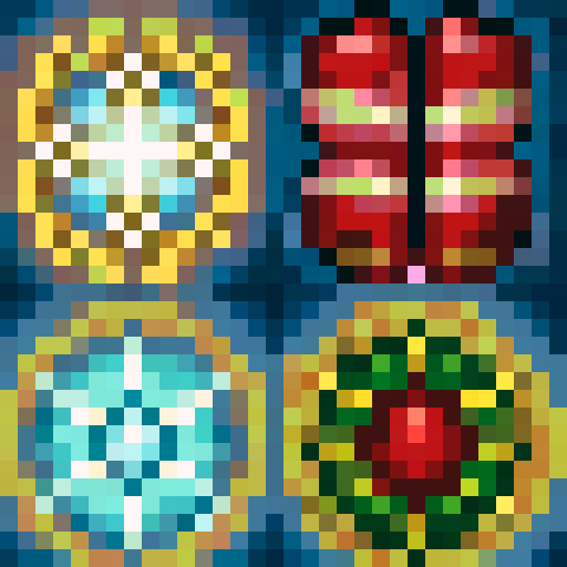 Create four separate 32x32 pixel art images in an 8-bit retro style, designed for use in games. Each image should feature the following elements inspired by the provided designs:

A white snowflake on a golden circular background with icy blue highlights, surrounded by a gold trim. The snowflake should appear detailed but stylized for an 8-bit format.

A red and white candy cane on a red circular background with subtle festive sparkles, surrounded by a gold trim. The candy cane should have a cle