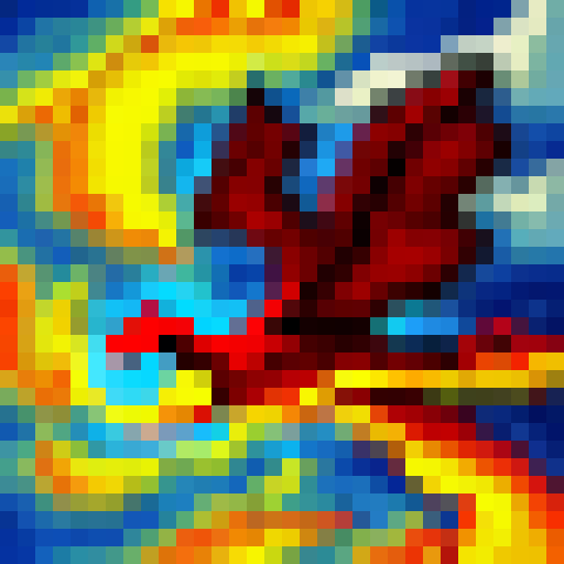 A fiery, winged dragon clashes with a stormy, lightning-filled sky over a mountainous landscape in pixel art reminiscent of classic video games.