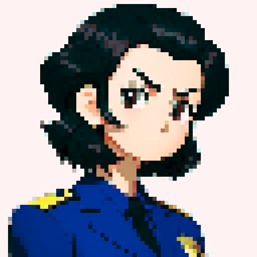 police chief, black hair, close-up, confident stance, anime style, pixel art, suit, front view, 50-years-old, front view, bust, serious expression