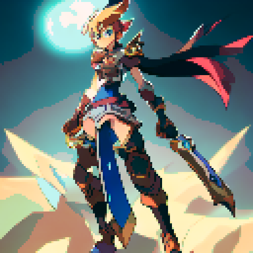 Female Paladin, wielding a gleaming sword, adorned in intricate armor, standing tall atop a rocky cliff, with flowing golden hair, surrounded by radiant light