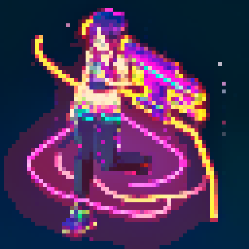 Street Mage anime girl with flowing hair, fluorescent tattoos, and a pixelated sniper rifle, navigating through a purple neon-lit night market and an sRGB glow