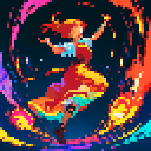 dancing flames, vibrant colors, pixelated movements, flickering glow, rhythmic energy, swirling patterns, mesmerizing display, sRGB palette, dynamic pixel art