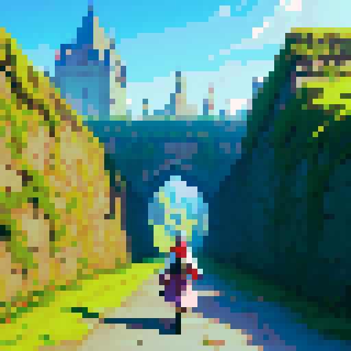 Jrpg characters exiting huge city walls towards the right side of the screen