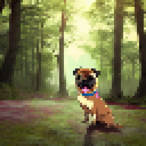 Lovely pug singing in a forest 
