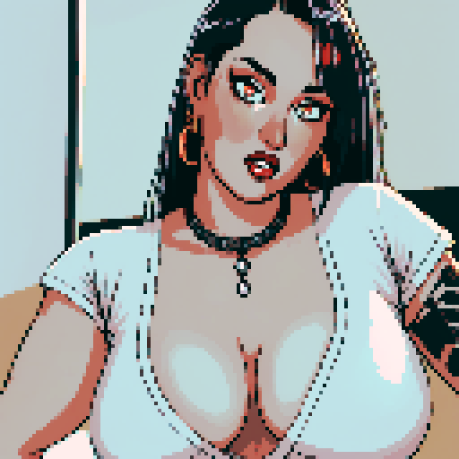 curvy, busty goth babe with studded halter top. Hair in buns.  big titty goth, in a close up nude glamour shot. modern tile backsplash.