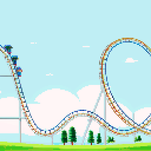 Amusement park, vibrant roller coasters, whimsical carousels, towering ferris wheels, sRGB colors, pixel art