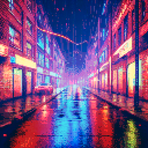 Cybernetic factory, metallic reflections, neon signs, rain-soaked streets, flickering streetlights, gritty urban decay, pixelated raindrops, moody shadows, electrifying atmosphere, dystopian skyline, glitchy holograms, pulsating neon colors, retro-futuristic aesthetics, sRGB color grading, intricate circuitry, steam rising from vents, towering megastructures, crumbling brick walls, chromatic aberration, pixel art rain, ominous clouds, cityscape silhouettes, misty alleyways