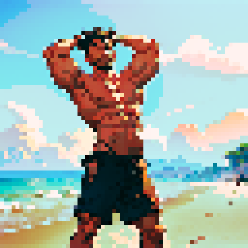 uncaring, shirtless man, flexing muscles, beach, pixel art, sRGB