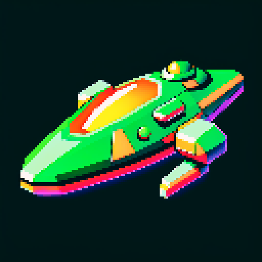 Green spaceship, retro, low resolution, vibrant colors, geometric shapes, angular design, glowing thrusters, metallic finish, glossy surface, starry background, cosmic atmosphere, sci-fi aesthetic, futuristic, extraterrestrial, otherworldly, nostalgic, video game-inspired