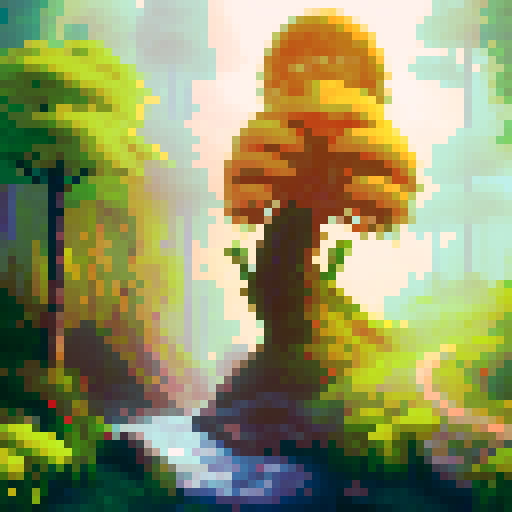 "Majestic trees tower above a babbling brook as a curious fox peeks out from behind a mushroom in this pixelated forest scene."