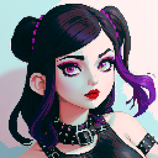 curvy, cute busty goth woman's face, whole head portrait, black hair, purple eyeshadow, red lipstick, low cut leather halter top, studded collar, vibrant sRGB colors, pixel art, NES style