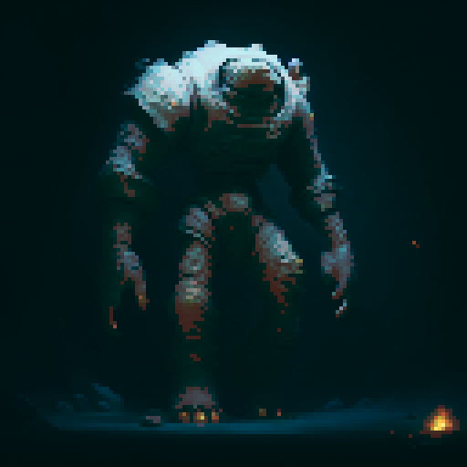 Giant golem made out of boulders, wandering through a cave