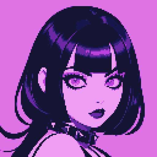 curvy, busty goth girls face, whole head portrait, black hair, purple eyeshadow, red lipstick, purple bikini, studded collar, vibrant srgb colors, edgy aesthetic. 16 bit, anime style