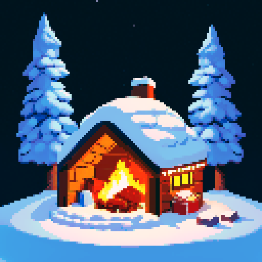 christmas-themed tiny winter town, igloo with smoke coming out, cozy fire in the day, pixel art style, winter trees surrounding, sRGB color space