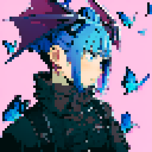 Girl with blue hair and butterflies, demon horns, pink background