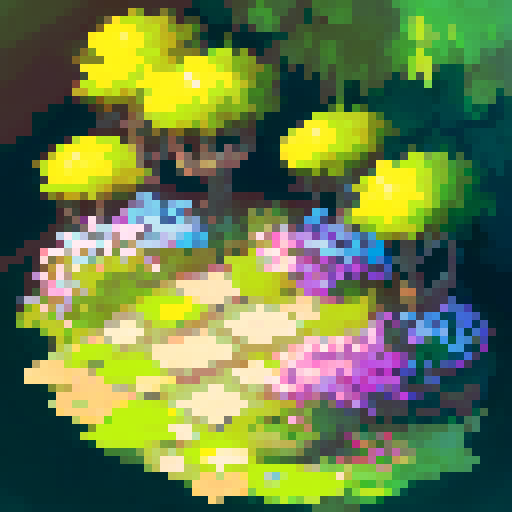 colorful, blooming flowers, nestled in a dense bush, cascading down in a vibrant landscape portrait