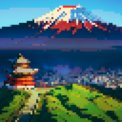 Japanese samurai, on top of mountain wih view of a shrine and Mt Fuji in the background. 