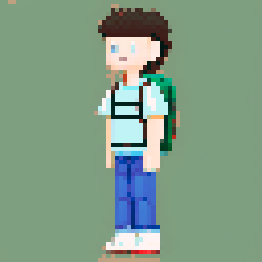 A single sprite of a young boy with a backpack on, pixel art, facing the camera, with a plain expression. His eyes are blue and his hair is brown. His backpack is red. He's wearing green hiking pants with brown shoes. He is standing in front of a plain white wall.