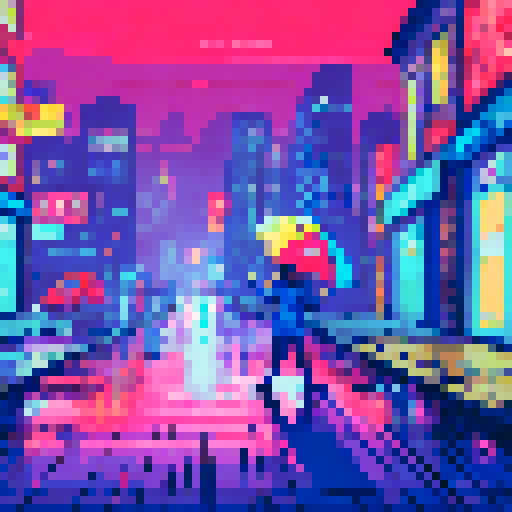 boy with messy hair, strumming guitar, raindrops falling, colorful umbrella, puddles reflecting neon lights, city skyline in the distance, buildings with pixelated windows, wet pavement shimmering, streetlights casting long shadows