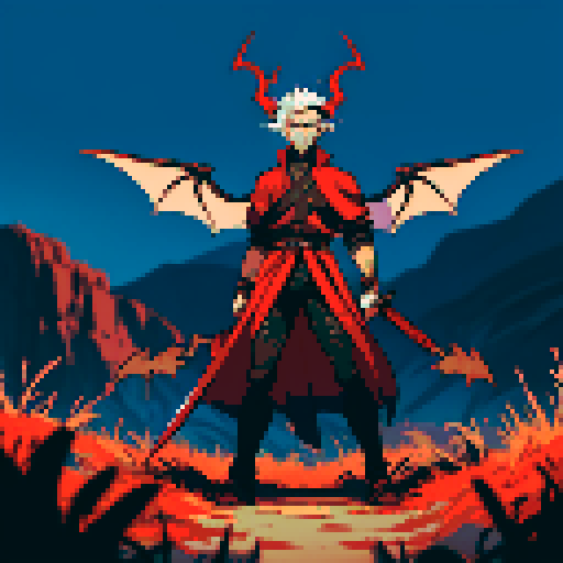full-body image of a male demon, one winged demon, sexy male, horns, sword, facing right, ready to fight, hellish landscape