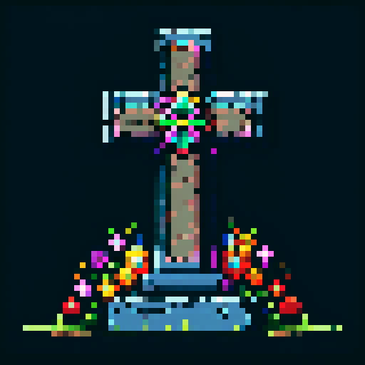 Tombstone, weathered and cracked, adorned with intricate pixel art flowers, against a vibrant sRGB against dark background