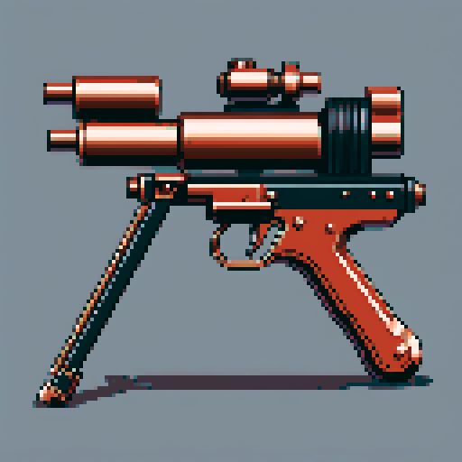 I want a copper rotary machine gun without a stand viewed from from the side. It should have strange mechanical details that could interlock with others. I want this object usable an asset in a videogame, meaning only one object per image, outlined with a strong black stroke, on a solid-color background.