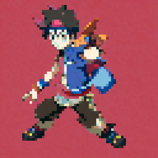 Brown-haired young man in a blue vest and red headband, fiercely wielding two swords in an anime-inspired action scene