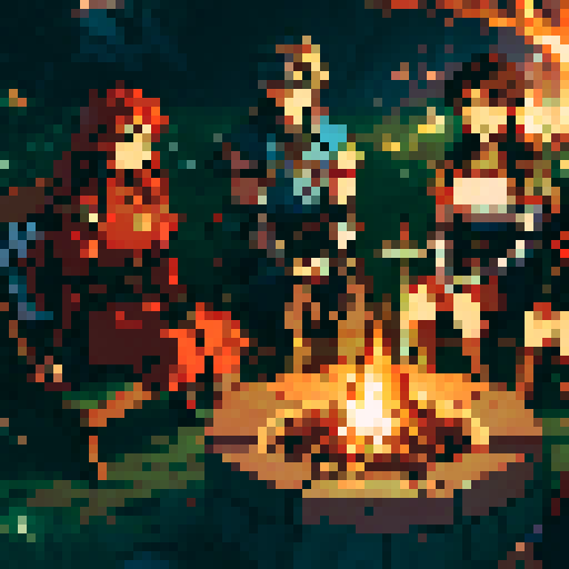 Fire emblem style soldiers, diverse classes, sword, lance, bow, magic, anime style, sitting around a campfire