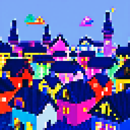 pixelated houses with vibrant rooftops, a mysteriously glitched, black, out-of-place abode, sRGB, pixel art