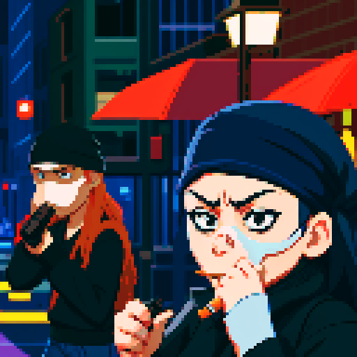 Girl on the right smoking a cigarette, guy on the left holding a gun with a black bandanna covering his face, gritty, rainy, nighttime, downtown