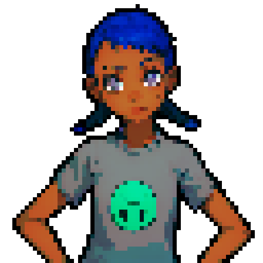 Young black girl with blue pigtails and gray eyes