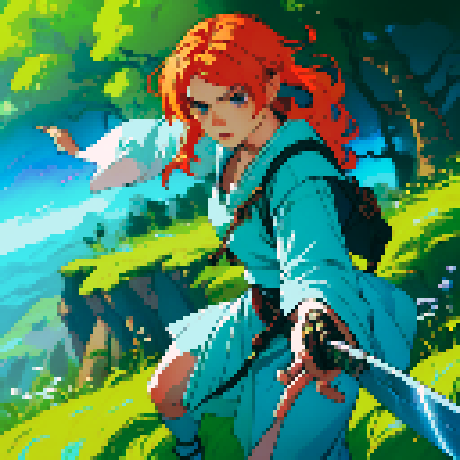 female swordsman, fiery-haired, wielding a luminous blade, poised at cliff's edge, gazing upon a lush woodland, with an extraterrestrial world adorning the sky, all rendered in vibrant pixel art, embracing the sRGB color palette
