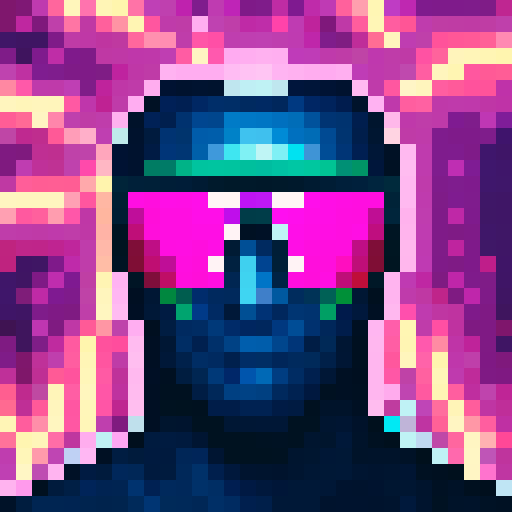 Neon pink and blue sunglasses with pixelated frames and a retro design, reflecting the city skyline at night, neutral perspective, medium shot