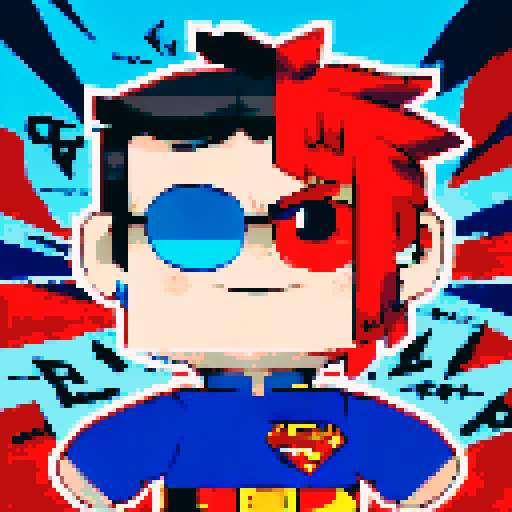 pixelated superman, close-up, anime style, vibrant colors, strong jawline, intense gaze, spiky hair, glowing blue eyes, defined muscles, iconic red and blue suit, pixel art