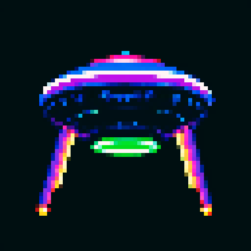 vibrant, twinkling lights; UFO with a limited sRGB color palette, rendered in pixel art, viewed from below at a diagonal angle